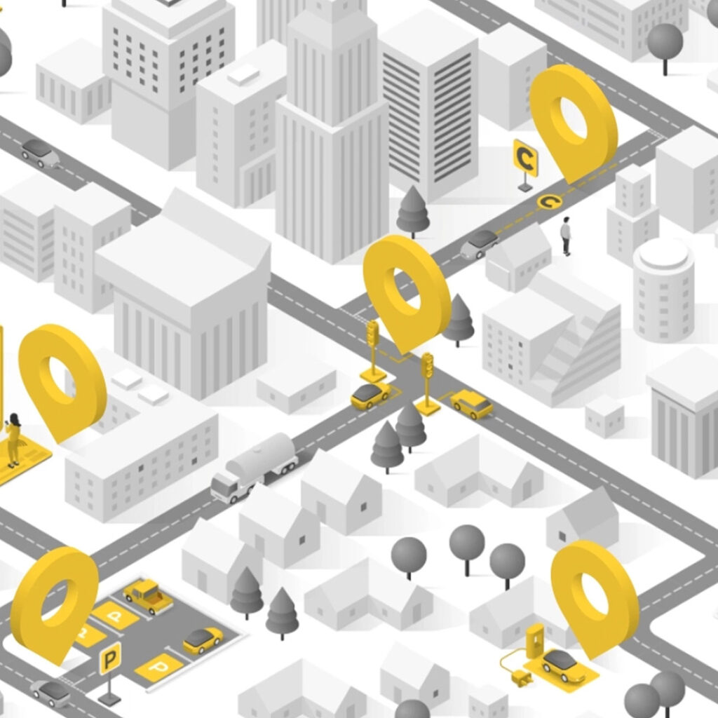 Isometric info-graphic illustration of road infrastructure. In greys and yellow accent colours.