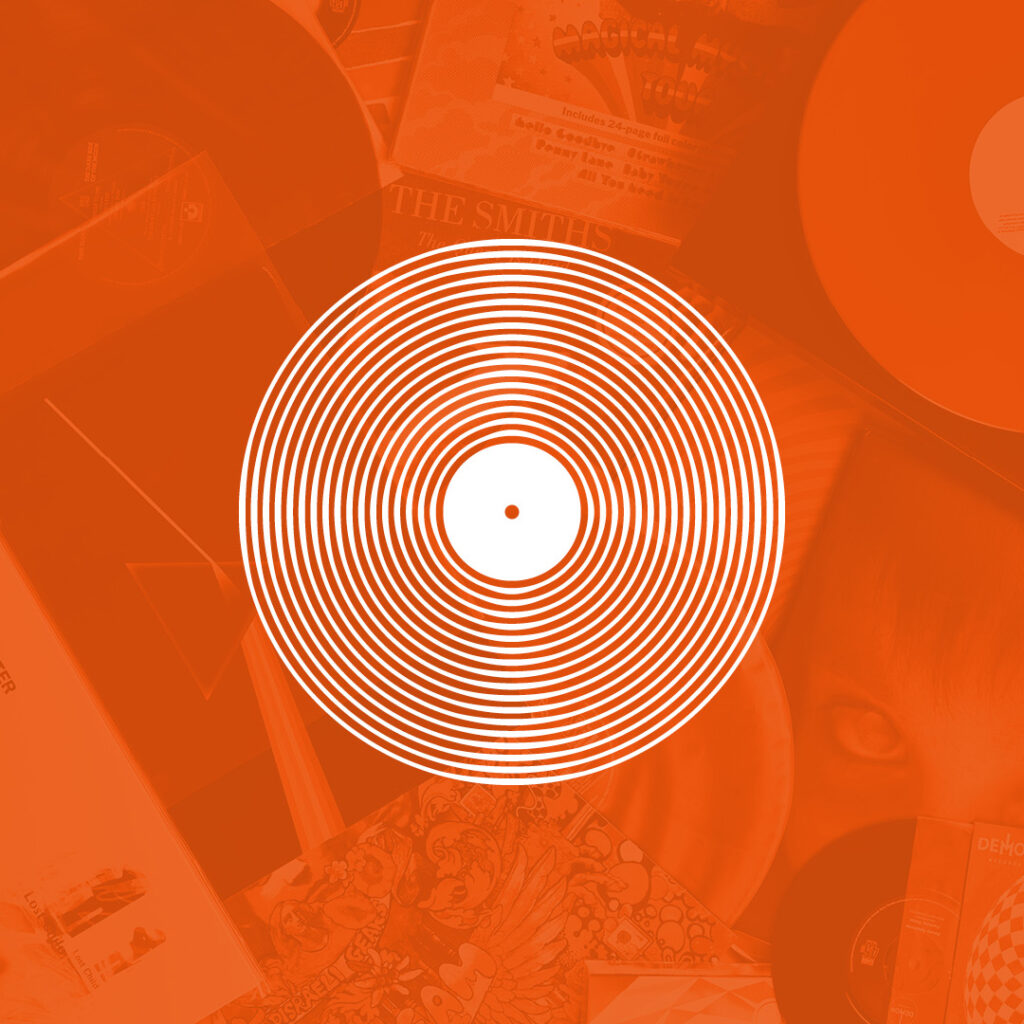 Logo for Spincare, a vinyl record accessory business. White on orange montage of record covers.
