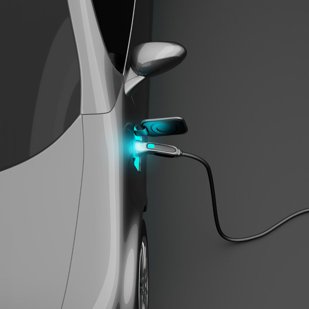 3D rendering of an EV plugged in. Ariel view with connector lit in blue light.