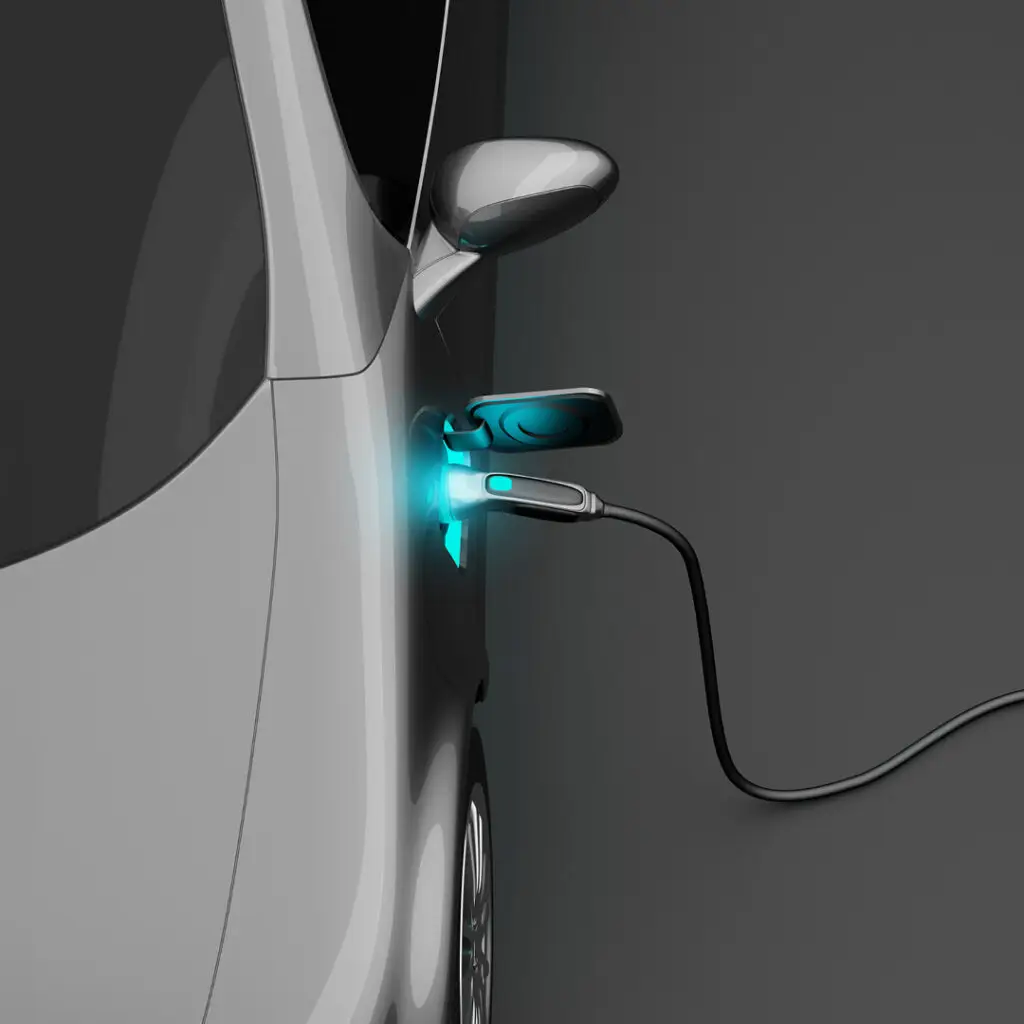 3D rendering of an EV plugged in. Ariel view with connector lit in blue light.